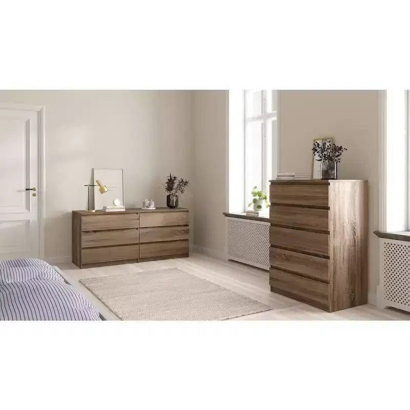 Commode double à 6 tiroirs, chêne truffe