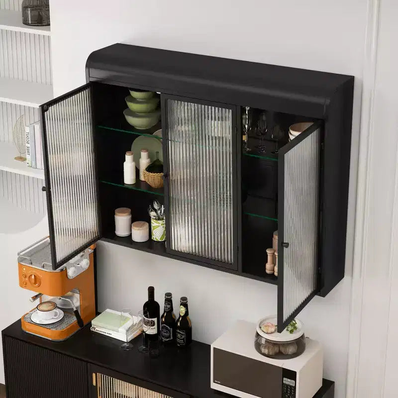 Gabinete de pared vintage de 35.45W con puertas de vidrio, 3 puertas y 3 niveles de almacenamiento para baño, cocina y comedor