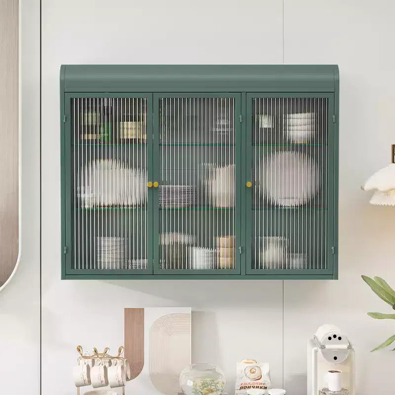 Gabinete de pared vintage de 35.45W con puertas de vidrio, 3 puertas y 3 niveles de almacenamiento para baño, cocina y comedor