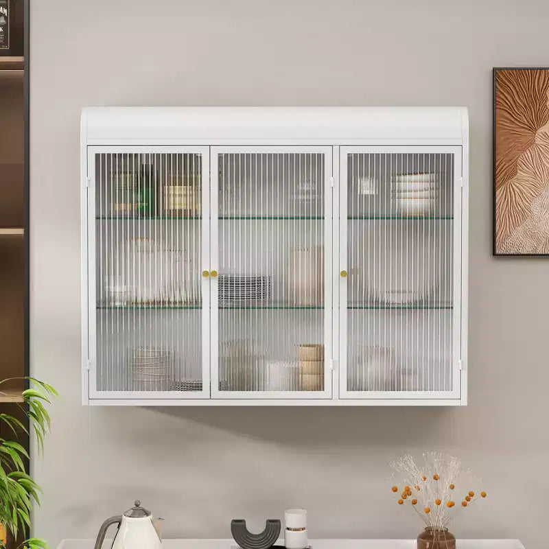 Gabinete de pared vintage de 35.45W con puertas de vidrio, 3 puertas y 3 niveles de almacenamiento para baño, cocina y comedor