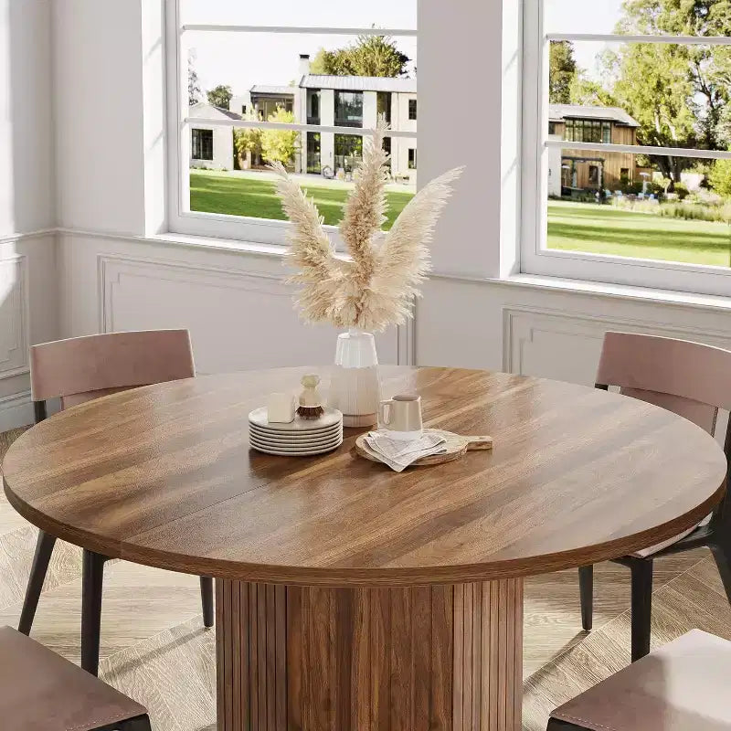 Mesa de comedor de madera para comedor, mesa redonda de 47 pulgadas para 4 personas, con base de pedestal y tablero circular de roble