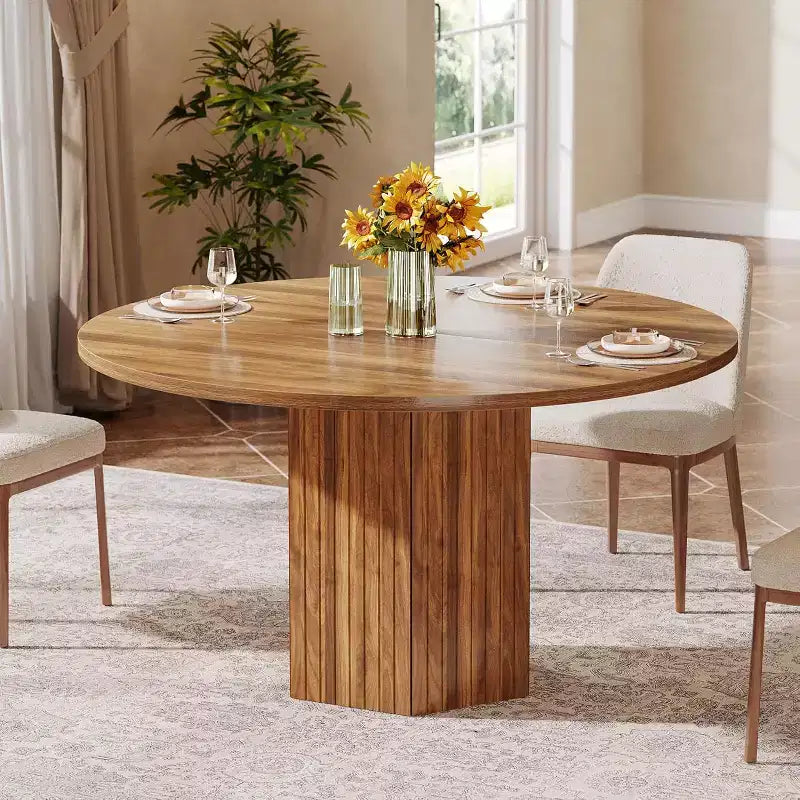 Mesa de comedor de madera para comedor, mesa redonda de 47 pulgadas para 4 personas, con base de pedestal y tablero circular de roble