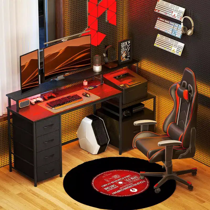 Bureau d’ordinateur de 67 avec classeur, bureau à domicile avec prises de courant et éclairage LED, support pour écran et étagère pour imprimante