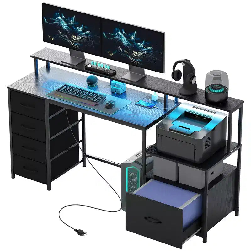 Bureau d’ordinateur de 67 avec classeur, bureau à domicile avec prises de courant et éclairage LED, support pour écran et étagère pour imprimante