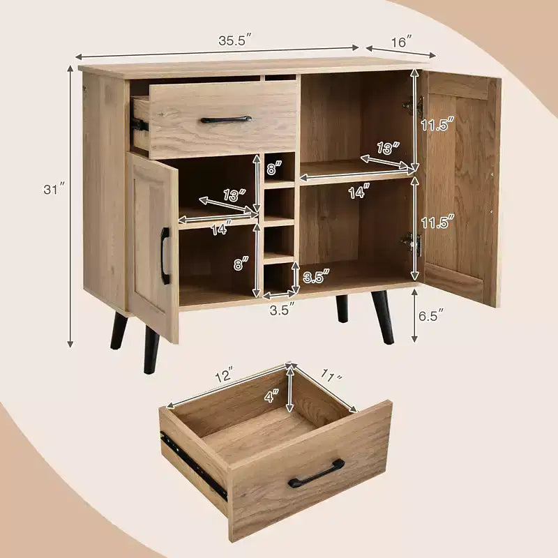 Mueble bar para vinos de 2 puertas, aparador de cocina tipo buffet con cajón y estantes ajustables, negro/natural