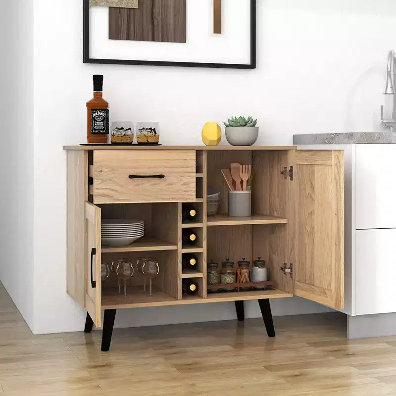 Mueble bar para vinos de 2 puertas, aparador de cocina tipo buffet con cajón y estantes ajustables, negro/natural