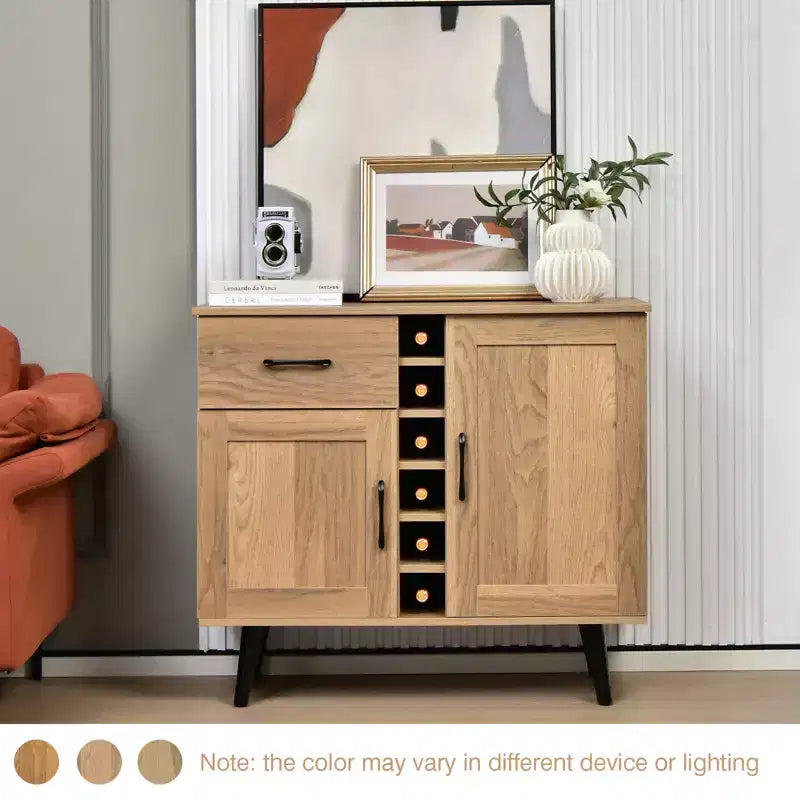 Mueble bar para vinos de 2 puertas, aparador de cocina tipo buffet con cajón y estantes ajustables, negro/natural
