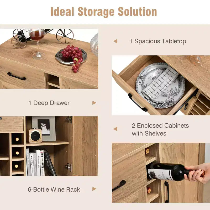 Mueble bar para vinos de 2 puertas, aparador de cocina tipo buffet con cajón y estantes ajustables, negro/natural
