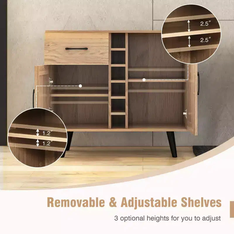 Mueble bar para vinos de 2 puertas, aparador de cocina tipo buffet con cajón y estantes ajustables, negro/natural