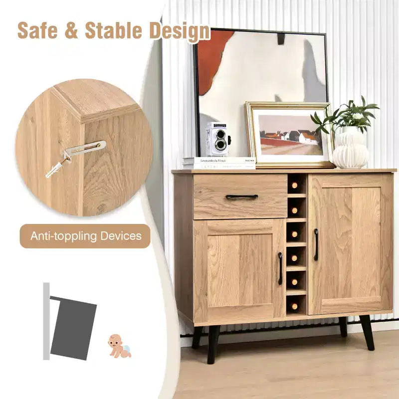 Mueble bar para vinos de 2 puertas, aparador de cocina tipo buffet con cajón y estantes ajustables, negro/natural