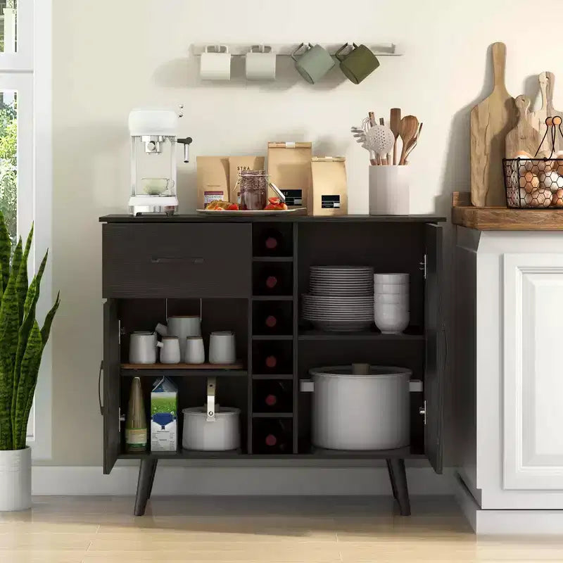 Mueble bar para vinos de 2 puertas, aparador de cocina tipo buffet con cajón y estantes ajustables, negro/natural
