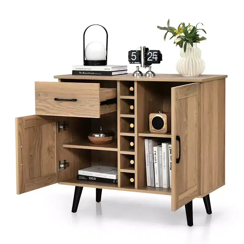 Mueble bar para vinos de 2 puertas, aparador de cocina tipo buffet con cajón y estantes ajustables, negro/natural
