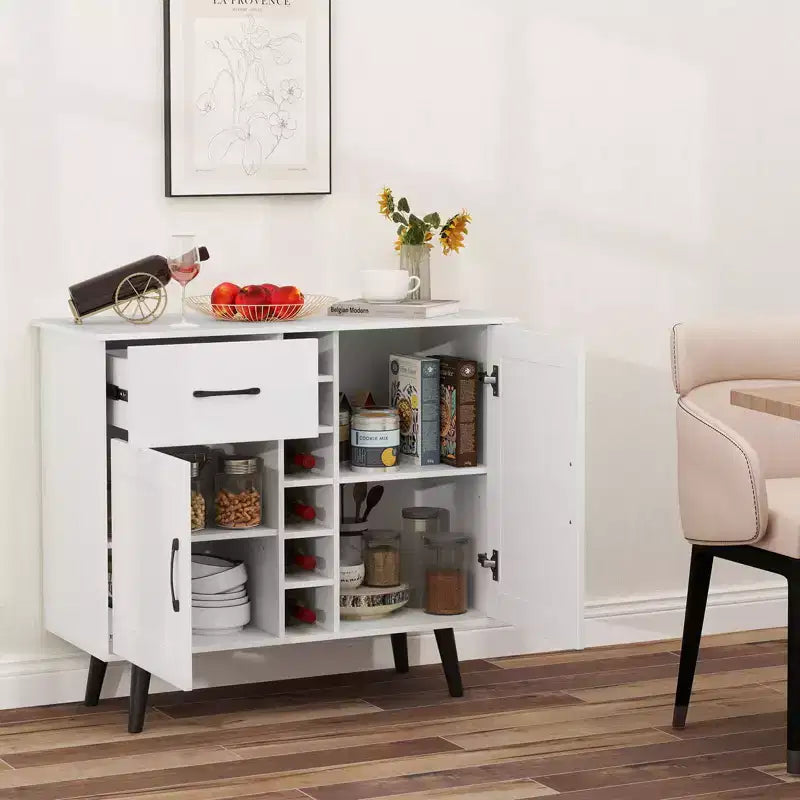 Mueble bar para vinos de 2 puertas, aparador de cocina tipo buffet con cajón y estantes ajustables, negro/natural