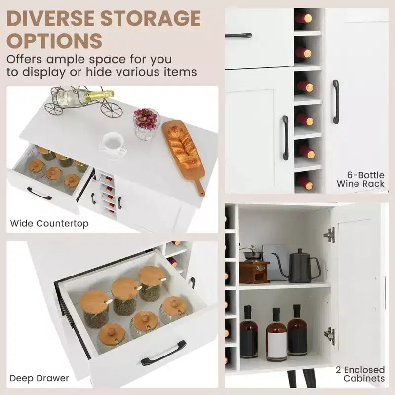 Mueble bar para vinos de 2 puertas, aparador de cocina tipo buffet con cajón y estantes ajustables, negro/natural