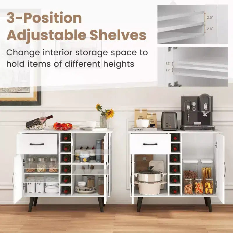Mueble bar para vinos de 2 puertas, aparador de cocina tipo buffet con cajón y estantes ajustables, negro/natural