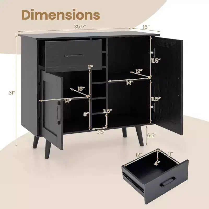 Mueble bar para vinos de 2 puertas, aparador de cocina tipo buffet con cajón y estantes ajustables, negro/natural