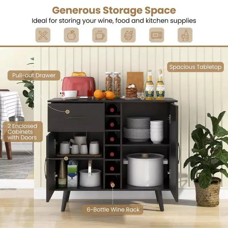 Mueble bar para vinos de 2 puertas, aparador de cocina tipo buffet con cajón y estantes ajustables, negro/natural