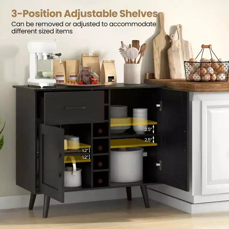 Mueble bar para vinos de 2 puertas, aparador de cocina tipo buffet con cajón y estantes ajustables, negro/natural