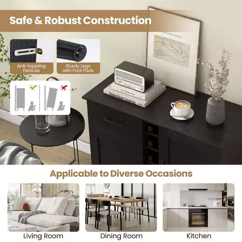 Mueble bar para vinos de 2 puertas, aparador de cocina tipo buffet con cajón y estantes ajustables, negro/natural