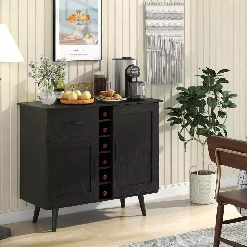 Mueble bar para vinos de 2 puertas, aparador de cocina tipo buffet con cajón y estantes ajustables, negro/natural
