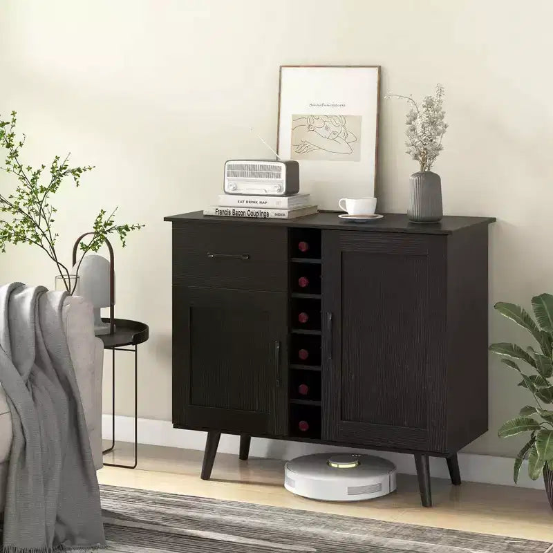 Mueble bar para vinos de 2 puertas, aparador de cocina tipo buffet con cajón y estantes ajustables, negro/natural