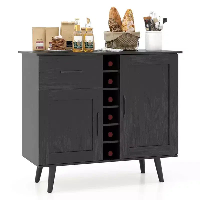 Costway 2-Door Wine Bar Cabinet Kitchen Sideboard Buffet with Drawer &amp; Adjustable Shelves Black/Natural