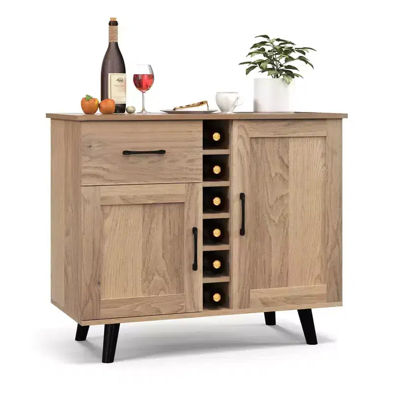 Mueble bar para vinos de 2 puertas, aparador de cocina tipo buffet con cajón y estantes ajustables, negro/natural