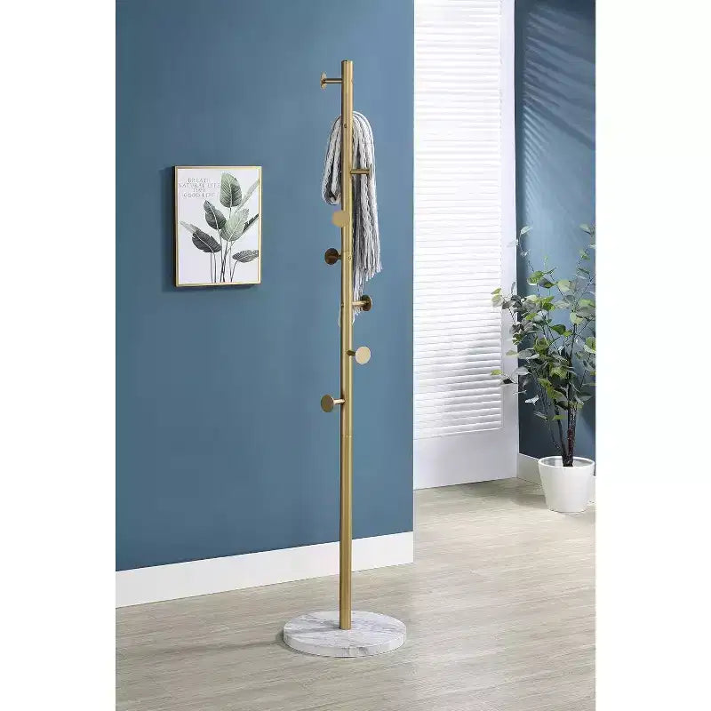 Kings Brand Furniture Freestanding Metal Hall Tree Coat Rack Stand with 8 Hooks for Entryway Hanging Clothes, Hats, Bags (Gold)