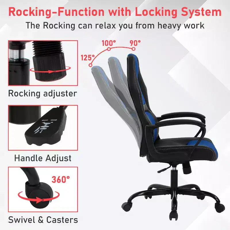 Fauteuil de jeu et de bureau avec soutien lombaire, hauteur réglable, similicuir PU, fauteuil de direction pour femmes, hommes et adultes