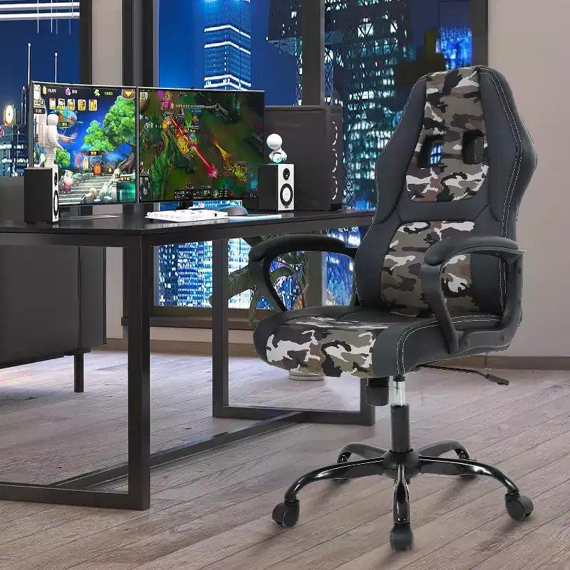 Fauteuil de jeu et de bureau avec soutien lombaire, hauteur réglable, similicuir PU, fauteuil de direction pour femmes, hommes et adultes