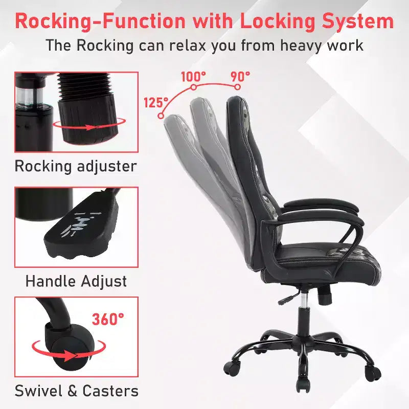 Fauteuil de jeu et de bureau avec soutien lombaire, hauteur réglable, similicuir PU, fauteuil de direction pour femmes, hommes et adultes