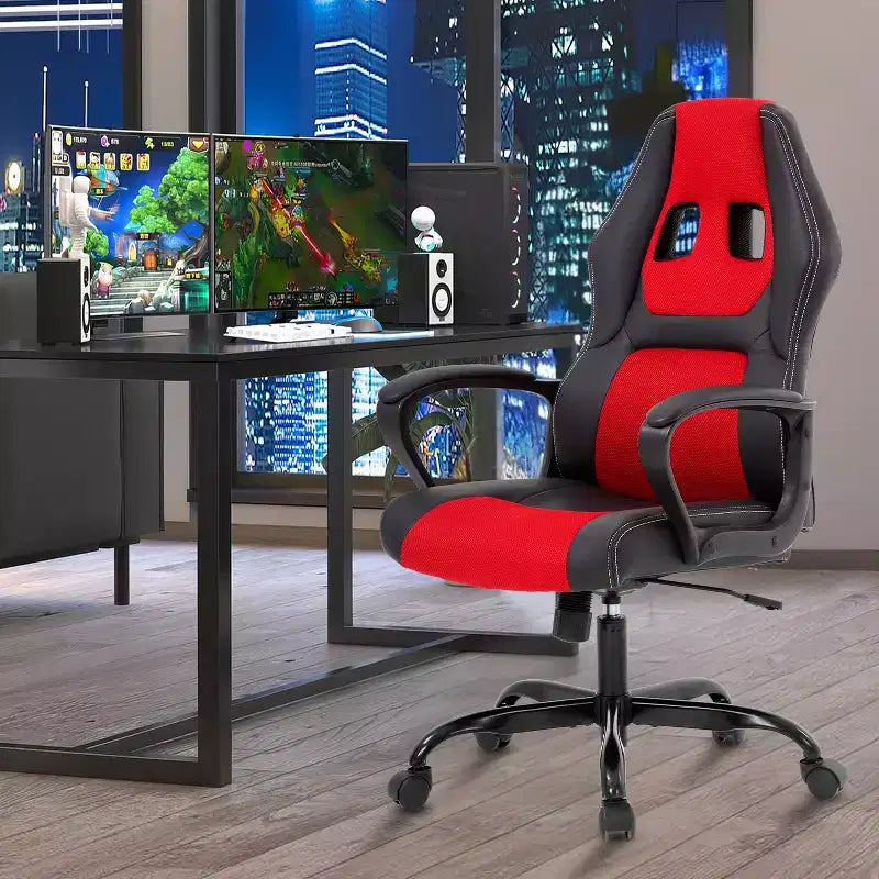 Fauteuil de jeu et de bureau avec soutien lombaire, hauteur réglable, similicuir PU, fauteuil de direction pour femmes, hommes et adultes