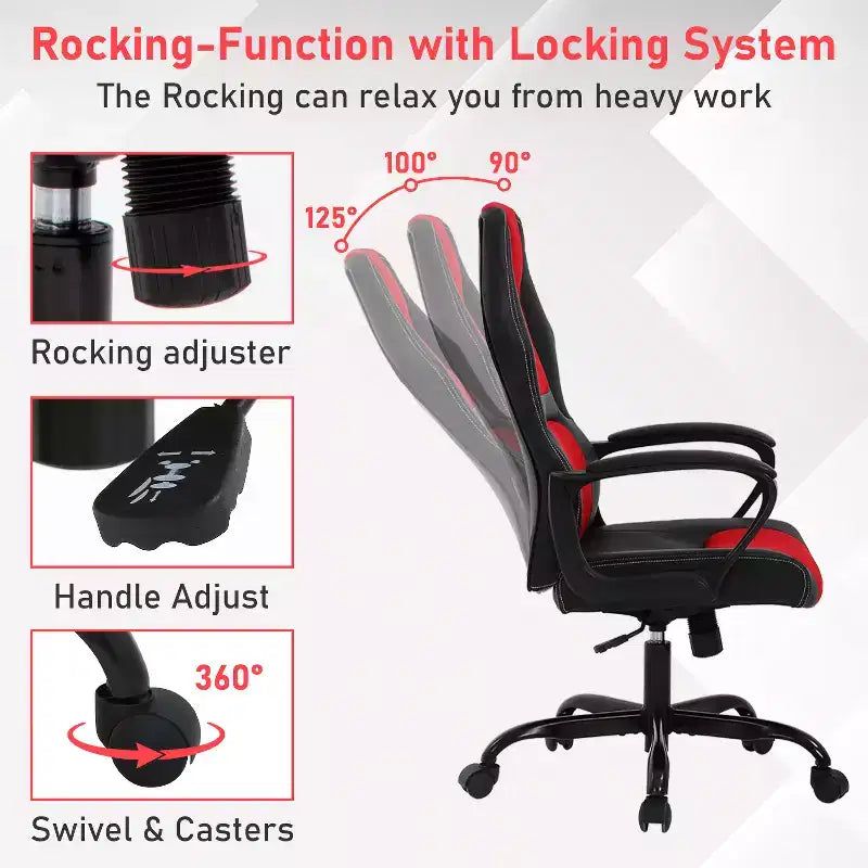 Fauteuil de jeu et de bureau avec soutien lombaire, hauteur réglable, similicuir PU, fauteuil de direction pour femmes, hommes et adultes