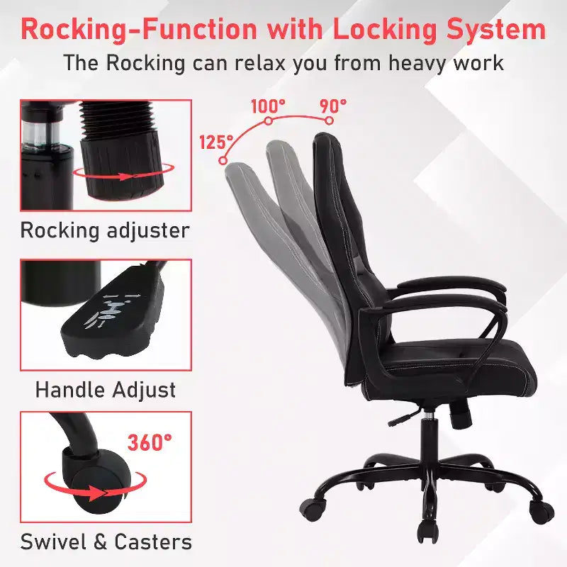 Fauteuil de jeu et de bureau avec soutien lombaire, hauteur réglable, similicuir PU, fauteuil de direction pour femmes, hommes et adultes