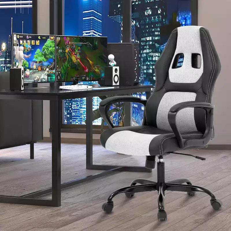 Fauteuil de jeu et de bureau avec soutien lombaire, hauteur réglable, similicuir PU, fauteuil de direction pour femmes, hommes et adultes