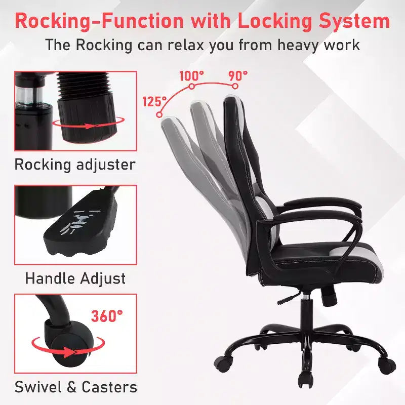 Fauteuil de jeu et de bureau avec soutien lombaire, hauteur réglable, similicuir PU, fauteuil de direction pour femmes, hommes et adultes