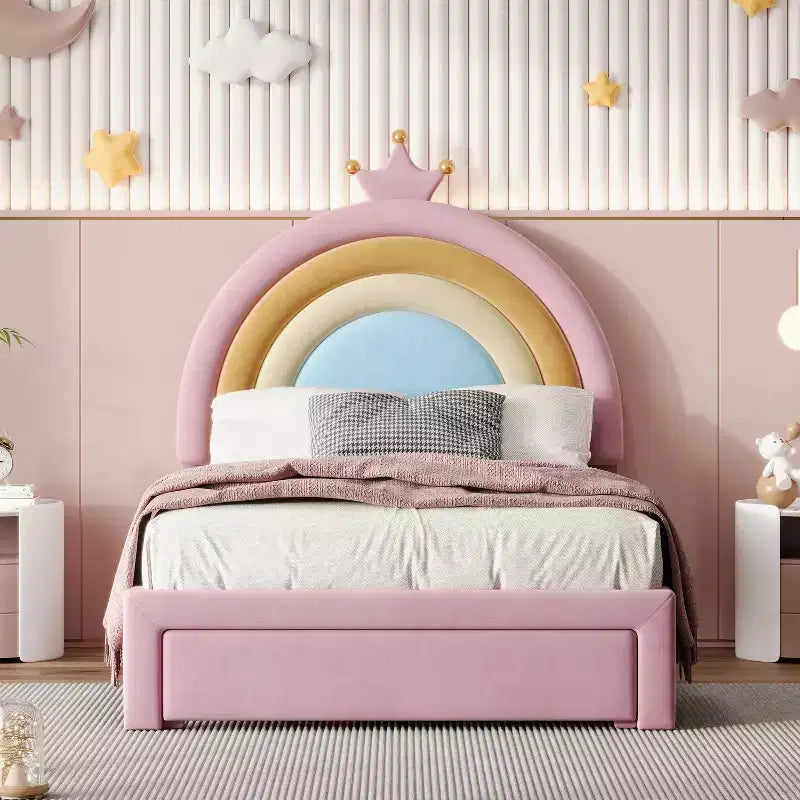 Lit en velours rembourré taille simple/double, design arc-en-ciel, lit plateforme princesse avec tiroir de rangement, rose