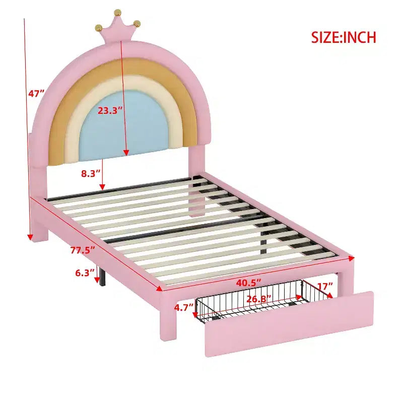 Lit en velours rembourré taille simple/double, design arc-en-ciel, lit plateforme princesse avec tiroir de rangement, rose