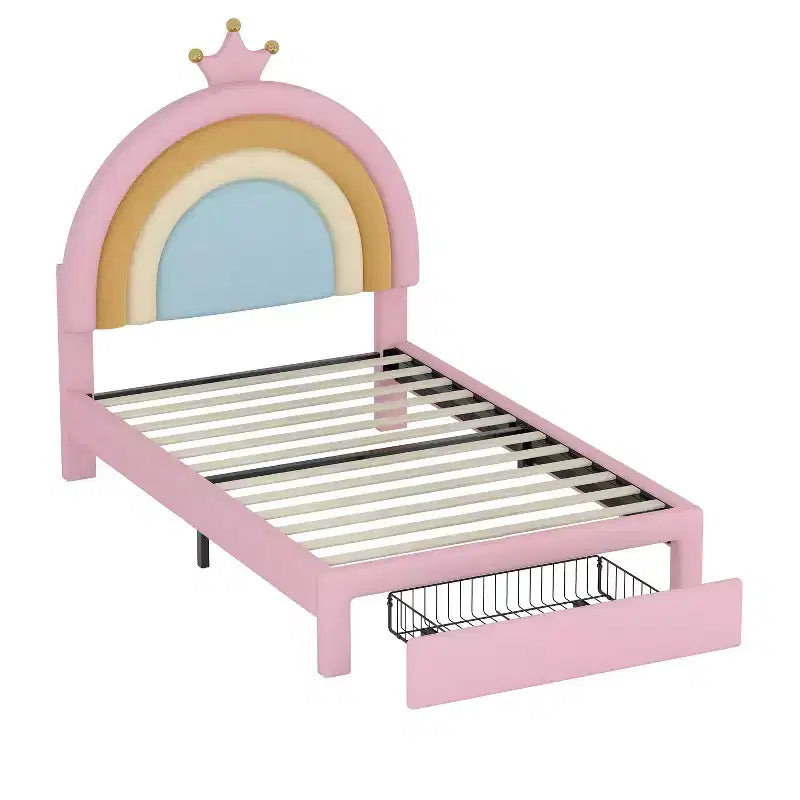 Lit en velours rembourré taille simple/double, design arc-en-ciel, lit plateforme princesse avec tiroir de rangement, rose