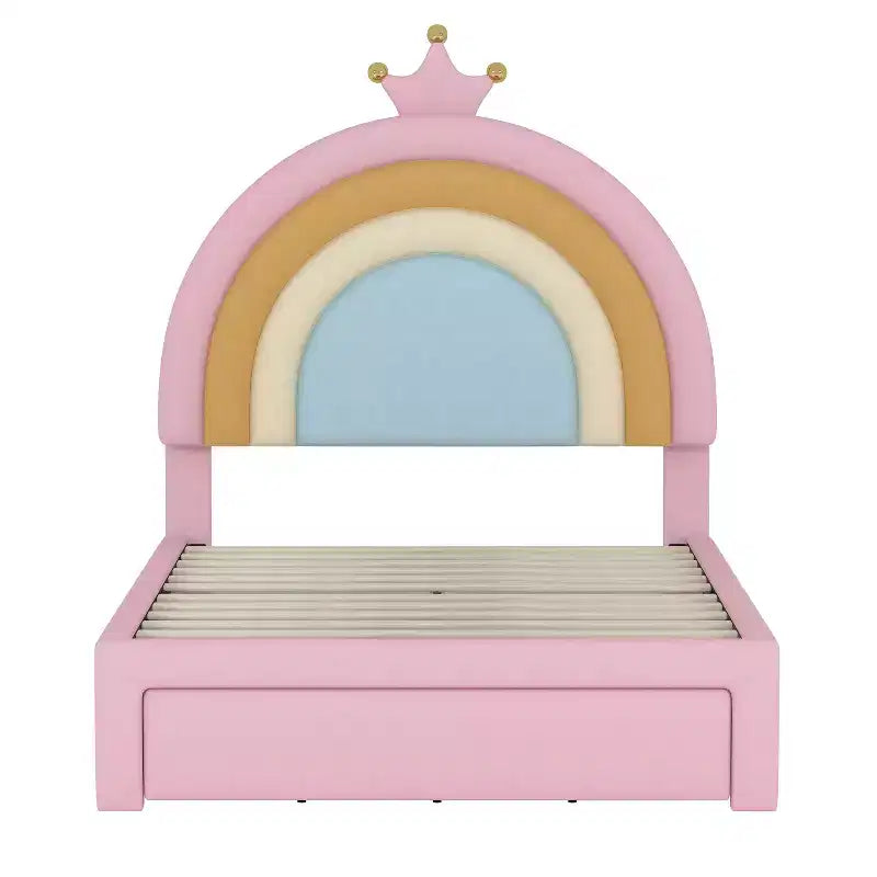 Lit en velours rembourré taille simple/double, design arc-en-ciel, lit plateforme princesse avec tiroir de rangement, rose