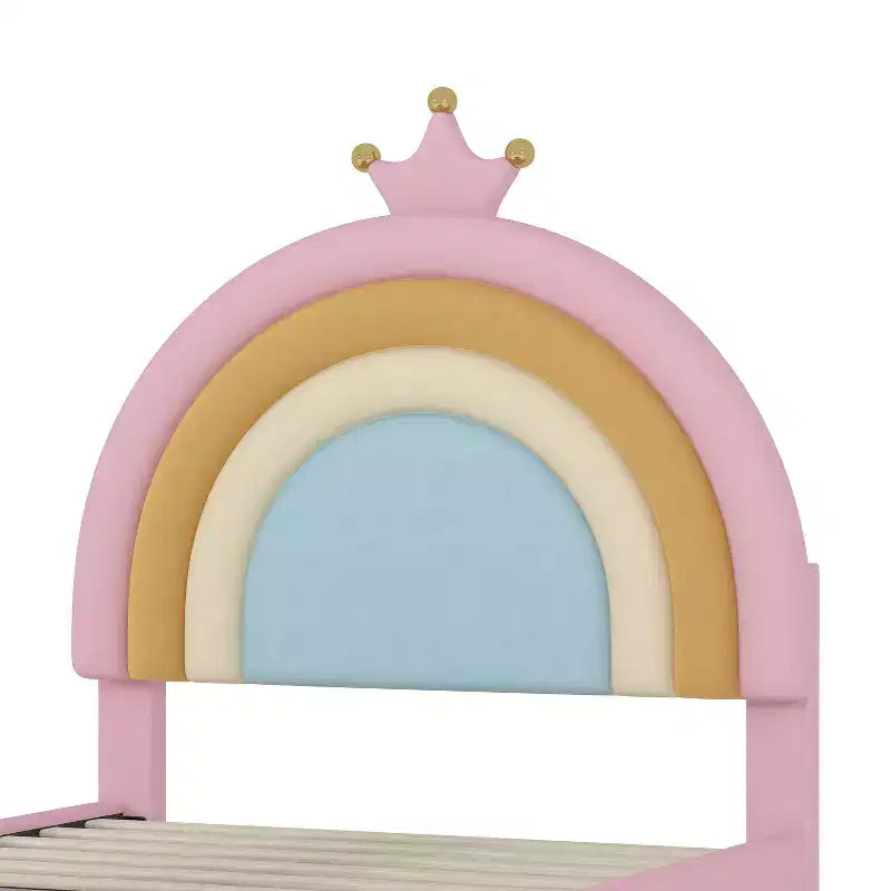 Lit en velours rembourré taille simple/double, design arc-en-ciel, lit plateforme princesse avec tiroir de rangement, rose
