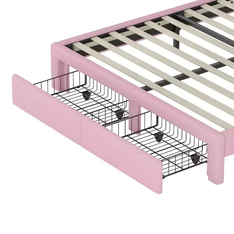 Lit en velours rembourré taille simple/double, design arc-en-ciel, lit plateforme princesse avec tiroir de rangement, rose