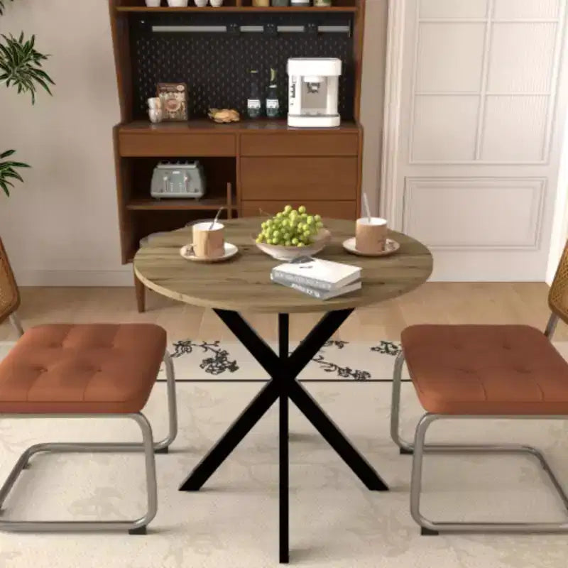 Mesa de comedor redonda, pequeña mesa de cocina circular con patas negras de metal para 2-4 personas, mesa de comedor moderna, marrón (solo mesa)