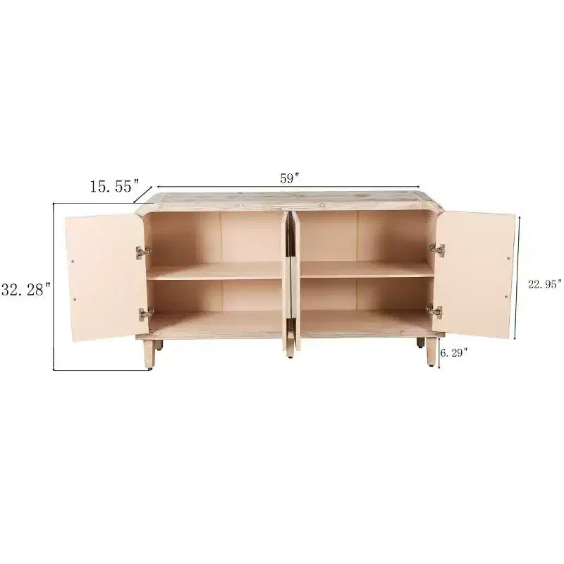 Buffet incurvé de style fermier vintage de 59''W avec grandes poignées en bois, sculpture à grain de bois vertical et étagères réglables