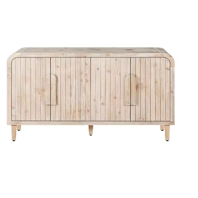 Buffet incurvé de style fermier vintage de 59''W avec grandes poignées en bois, sculpture à grain de bois vertical et étagères réglables