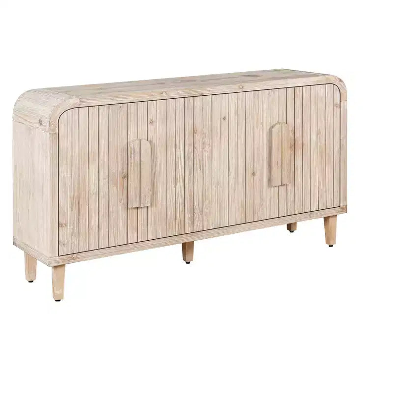 Buffet incurvé de style fermier vintage de 59''W avec grandes poignées en bois, sculpture à grain de bois vertical et étagères réglables