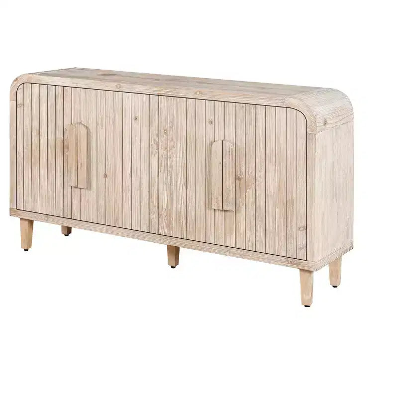 Buffet incurvé de style fermier vintage de 59''W avec grandes poignées en bois, sculpture à grain de bois vertical et étagères réglables