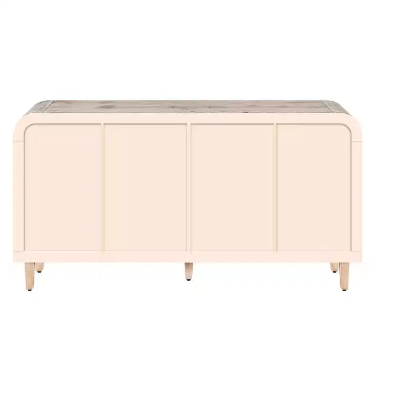 Buffet incurvé de style fermier vintage de 59''W avec grandes poignées en bois, sculpture à grain de bois vertical et étagères réglables
