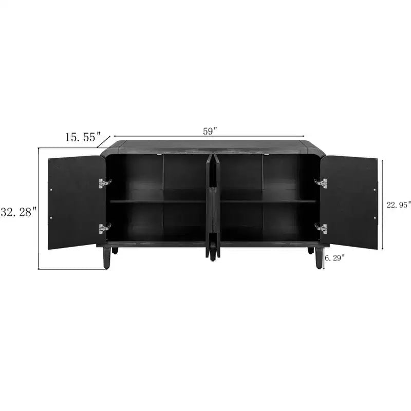 Buffet incurvé de style fermier vintage de 59''W avec grandes poignées en bois, sculpture à grain de bois vertical et étagères réglables