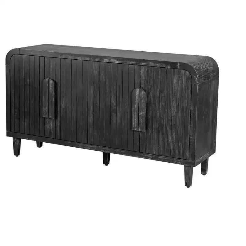 Buffet incurvé de style fermier vintage de 59''W avec grandes poignées en bois, sculpture à grain de bois vertical et étagères réglables